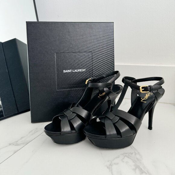 Saint Laurent Tribute 105 Platform Smooth Leather Sandal Heels Black - Picture 1 of 4
